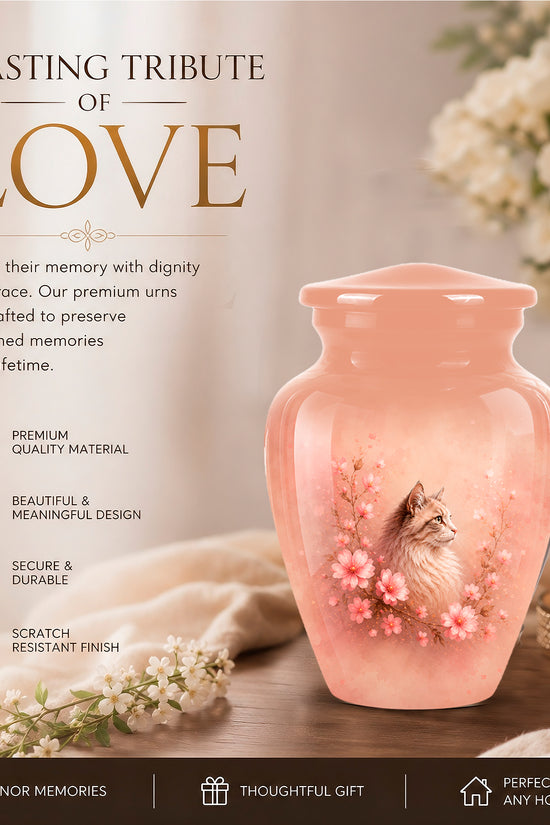 A pink memorial urn with a cat illustration and floral design, displayed on a tabletop with a candle, flowers, and a soft beige background. Text on the left reads 'A LASTING TRIBUTE OF LOVE' with product features listed below.