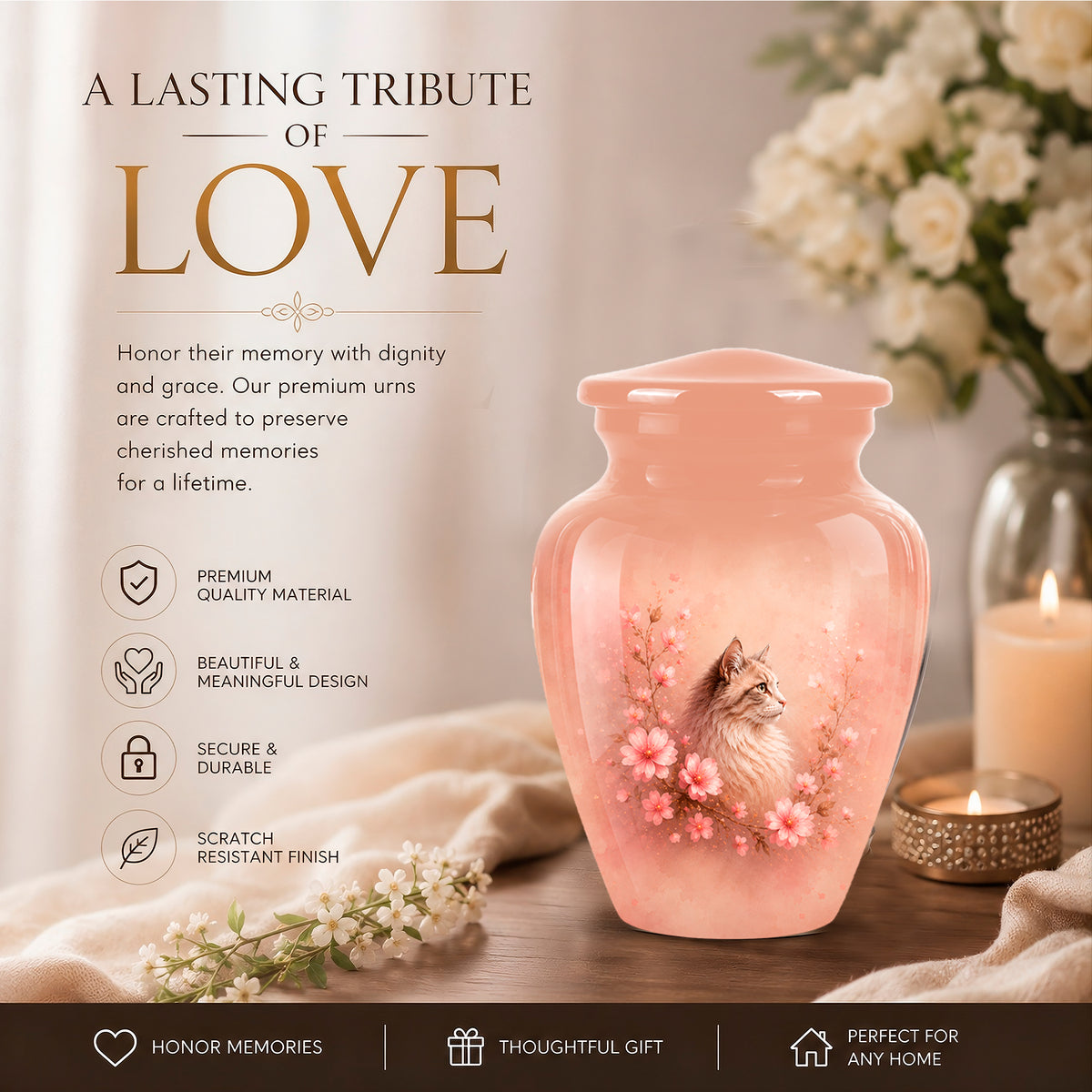 A pink memorial urn with a cat illustration and floral design, displayed on a tabletop with a candle, flowers, and a soft beige background. Text on the left reads 'A LASTING TRIBUTE OF LOVE' with product features listed below.