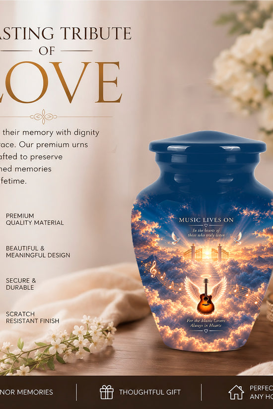 Angel Wings & Guitar Tribute Funeral Urn - Sunset Heaven Gate & Stairs Memorial Urn
