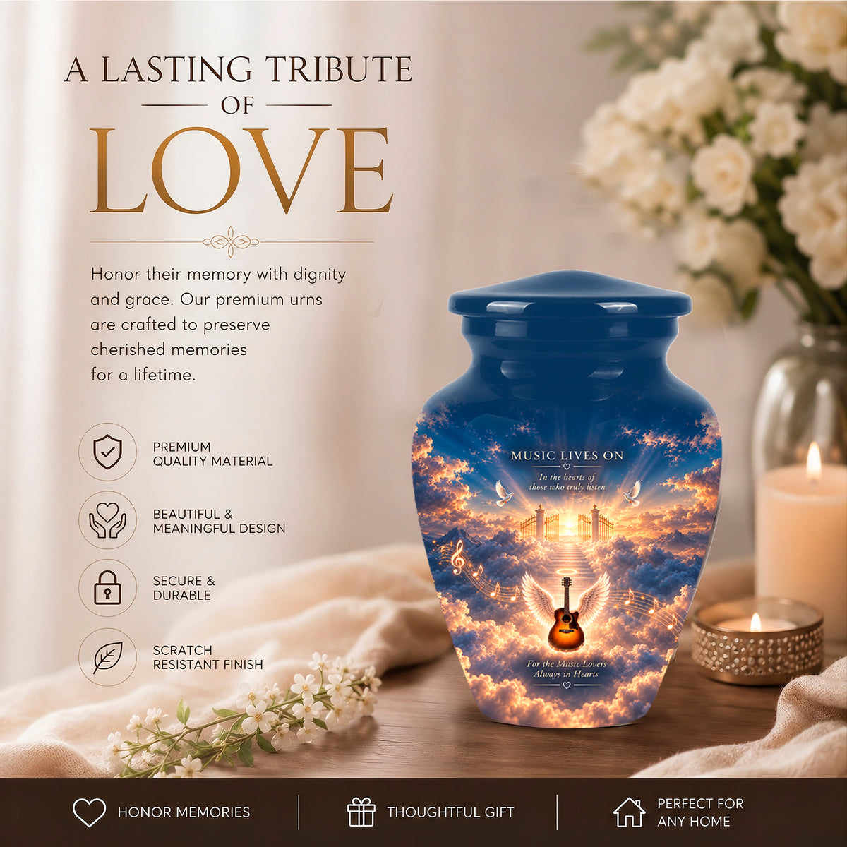 Angel Wings & Guitar Tribute Funeral Urn - Sunset Heaven Gate & Stairs Memorial Urn