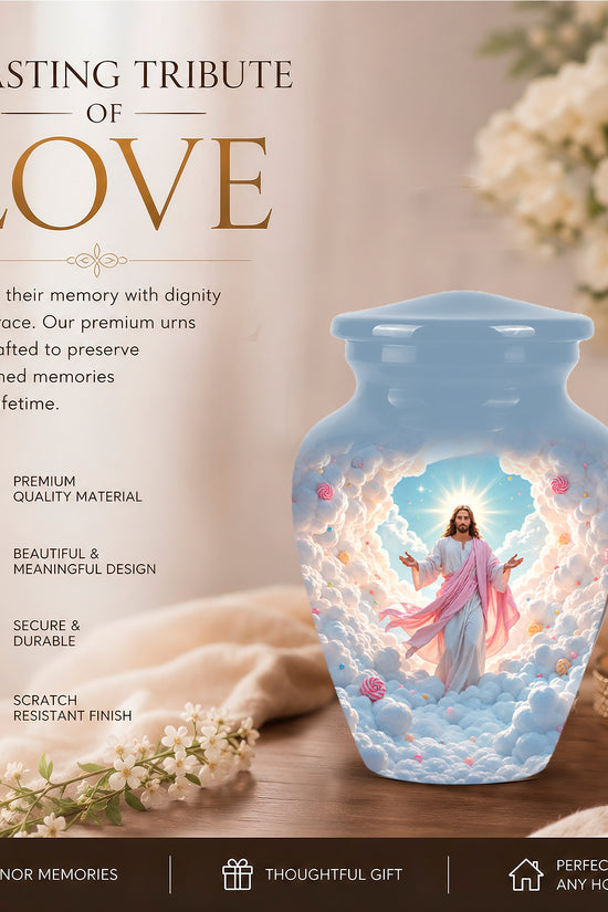 Heavenly Blue Clouds & Jesus Adult Aluminum Cremation Urn For Ashes