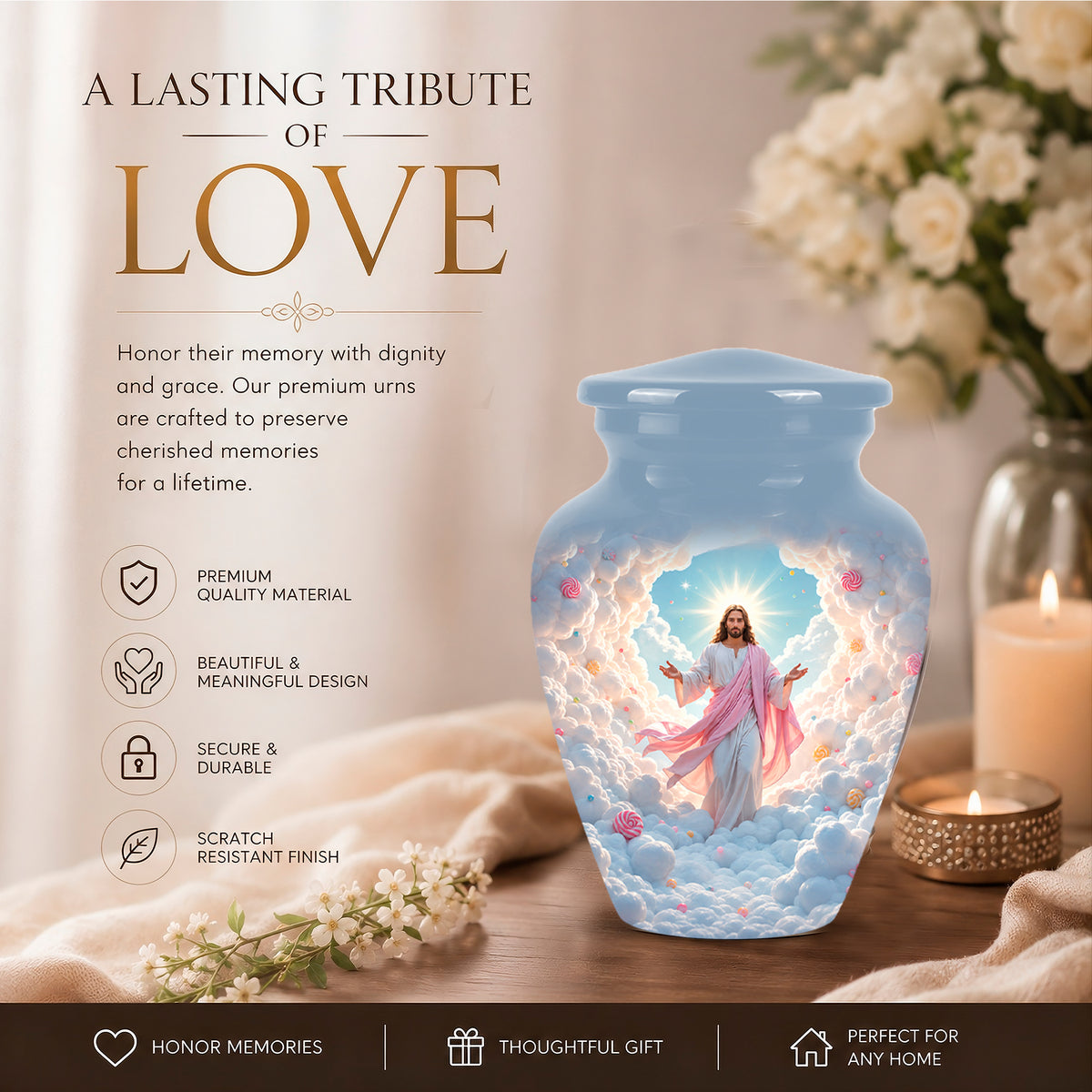Heavenly Blue Clouds & Jesus Adult Aluminum Cremation Urn For Ashes