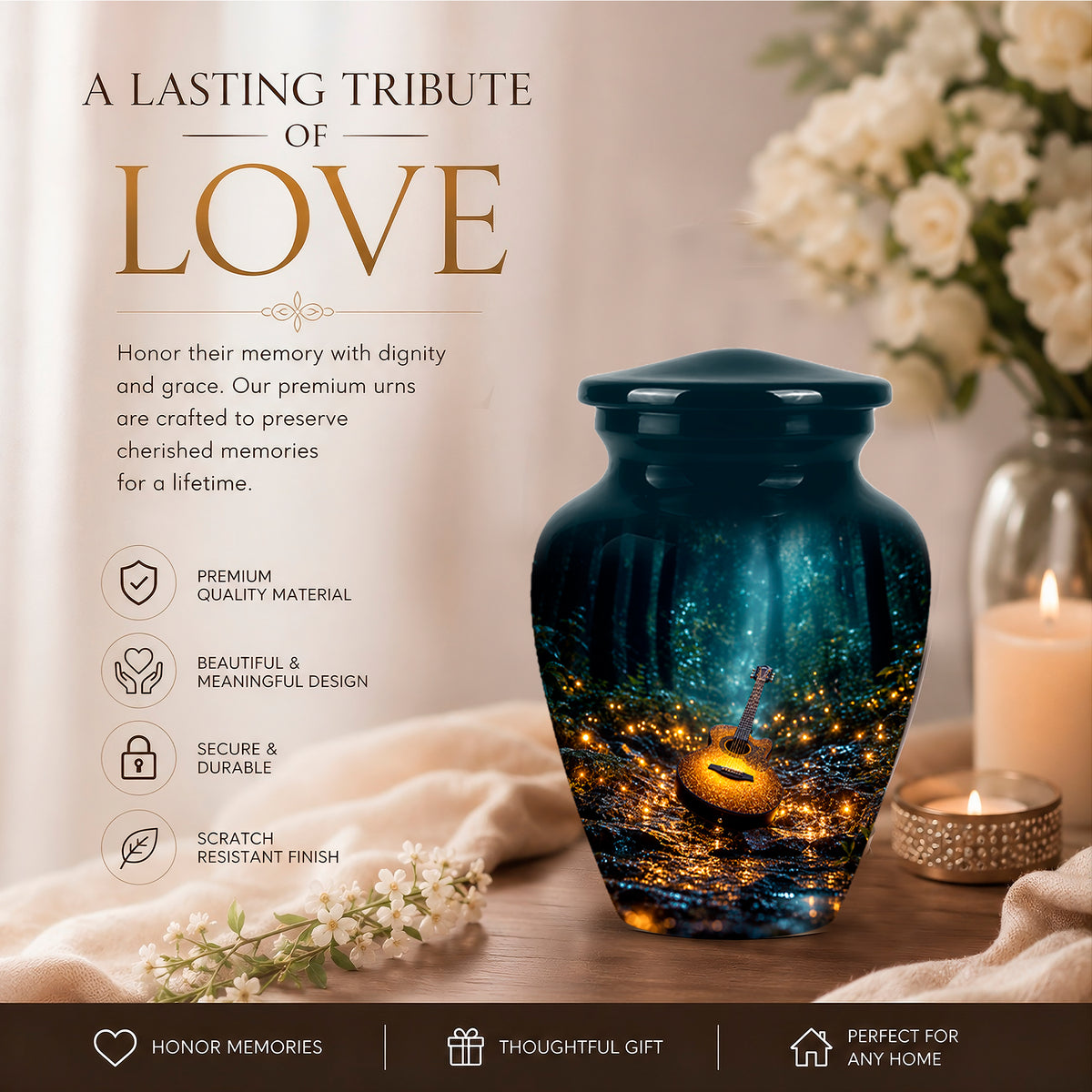 Lustrous Guitar Cremation Urn - Aluminum Memorial Urns For Music Lovers Ashes