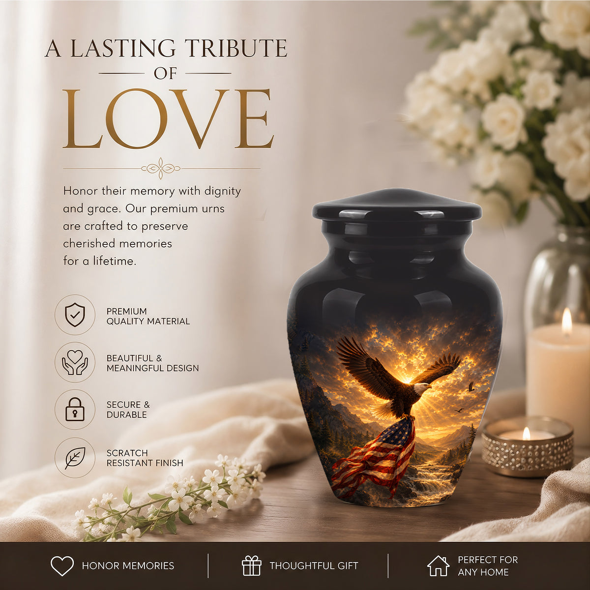Honor & Freedom Eagle Cremation Urn - Aluminum Tribute Memorial Urns For Ashes