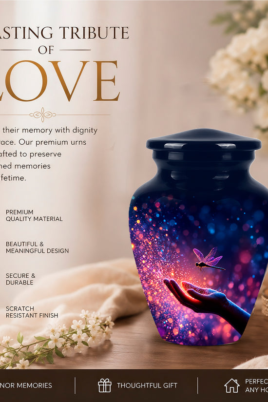 Blue Serene Dragonfly Cremation Urn - Majestic Human Hand Ashes Container