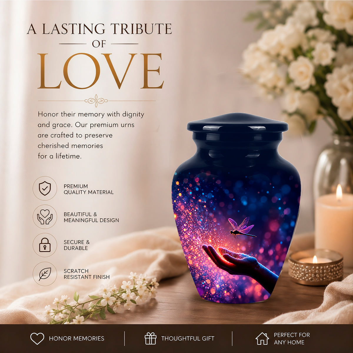 Blue Serene Dragonfly Cremation Urn - Majestic Human Hand Ashes Container
