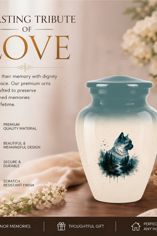 Artistic Mountain Cat Cremation Urn – Aluminum Pet Memorial For Ashes