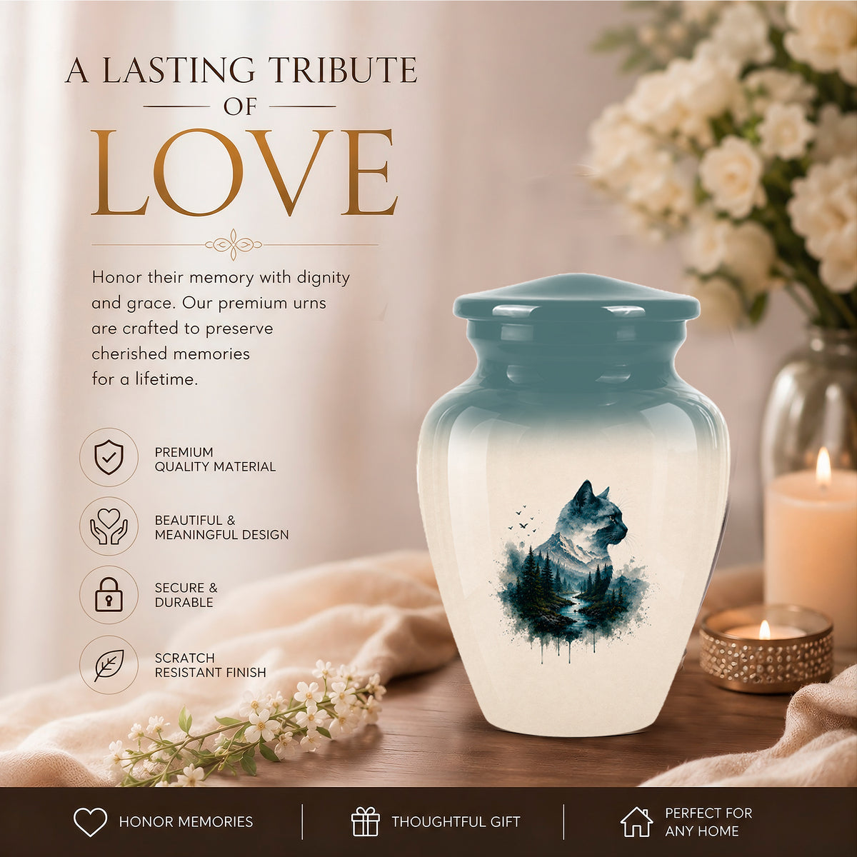 Artistic Mountain Cat Cremation Urn – Aluminum Pet Memorial For Ashes