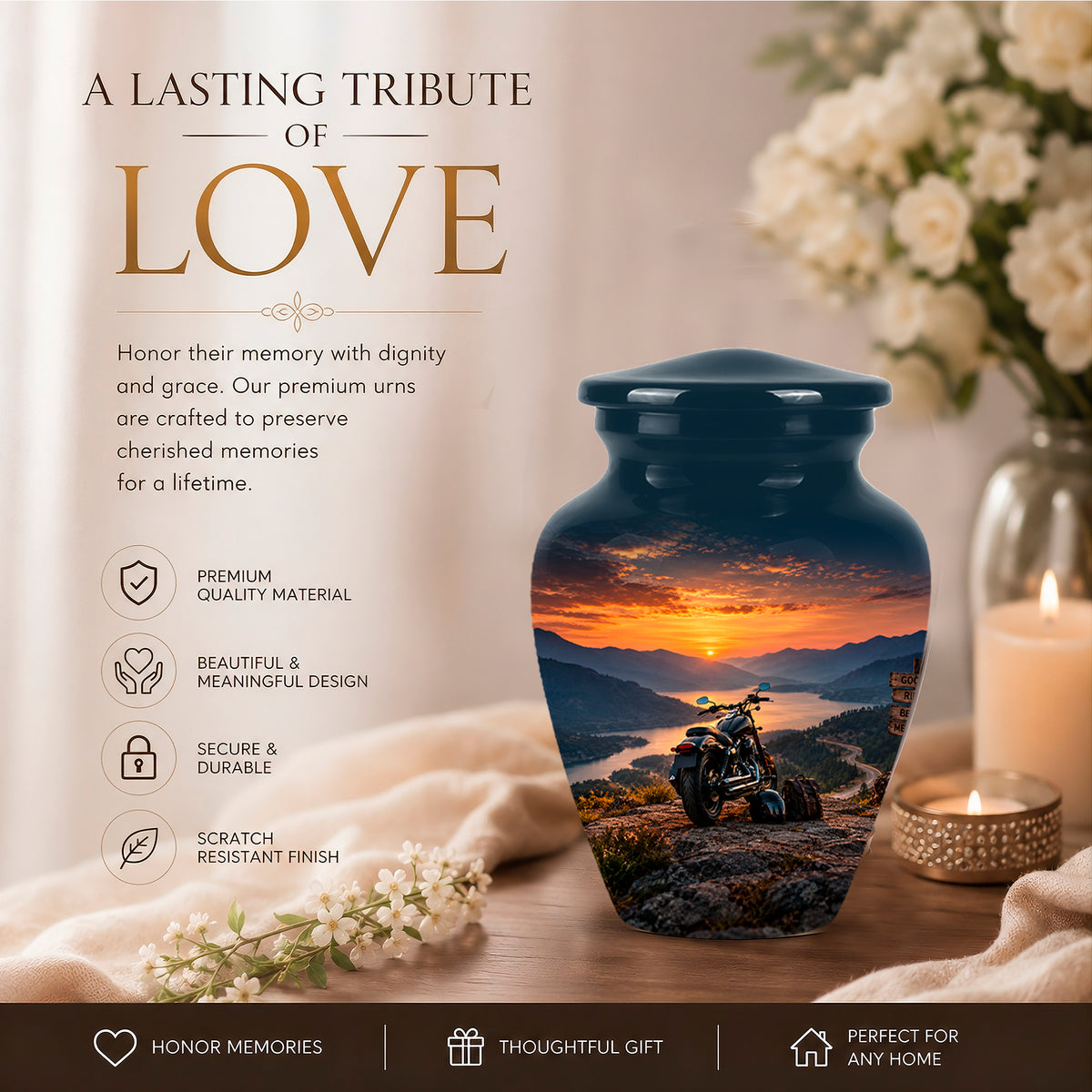 Custom Roadster Biker Cremation Urns - Sunset Mountain Urns For Motorcycle Enthusiasts