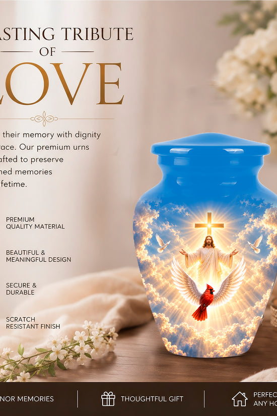 Christian Memorial Urn with Jesus & Cardinal - Heavenly Cremation Ashes Urn