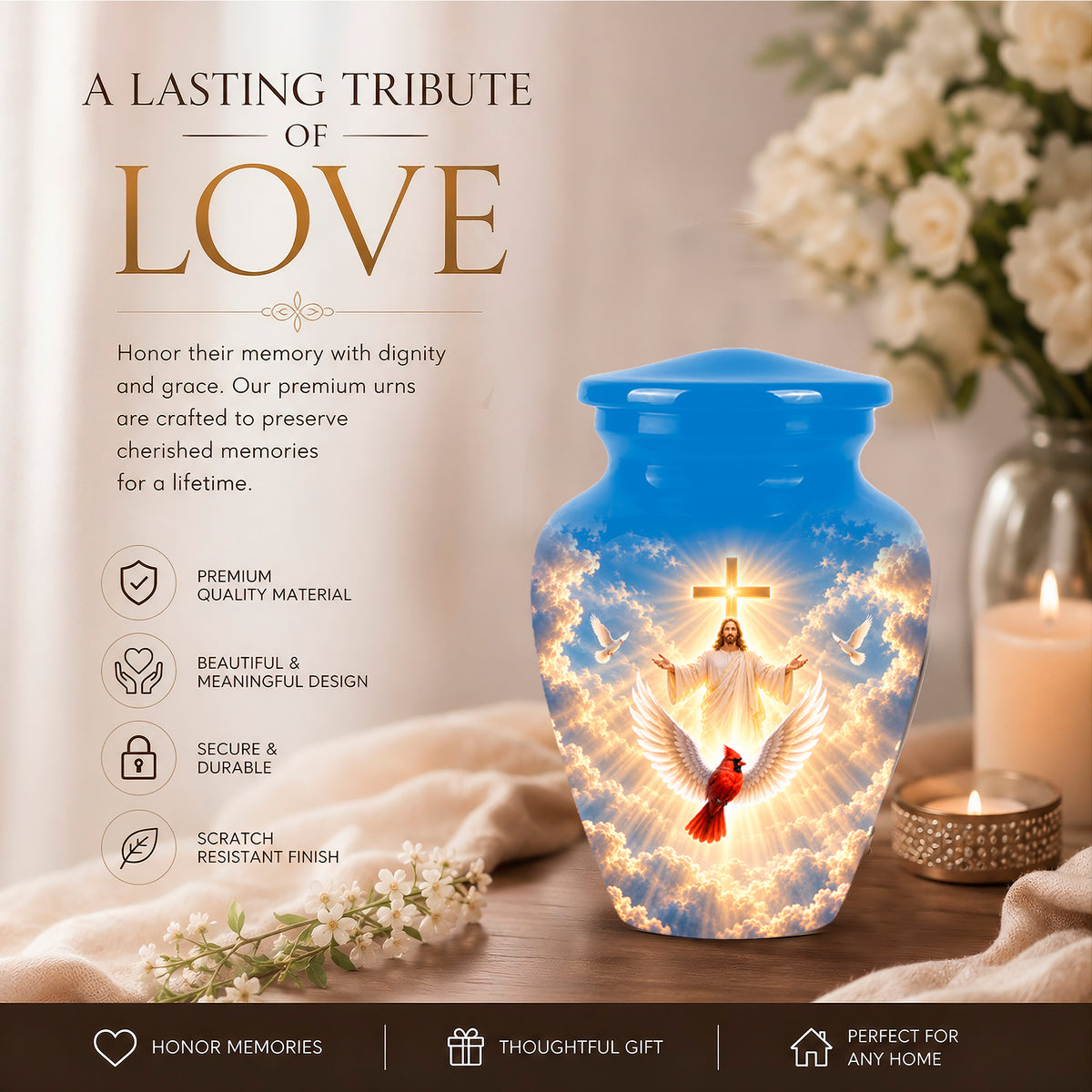 Christian Memorial Urn with Jesus & Cardinal - Heavenly Cremation Ashes Urn