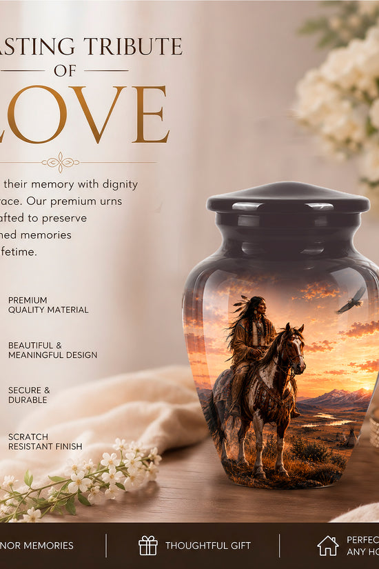 Personalized Native American Horse Rider Aluminum Cremation Ashes Urn