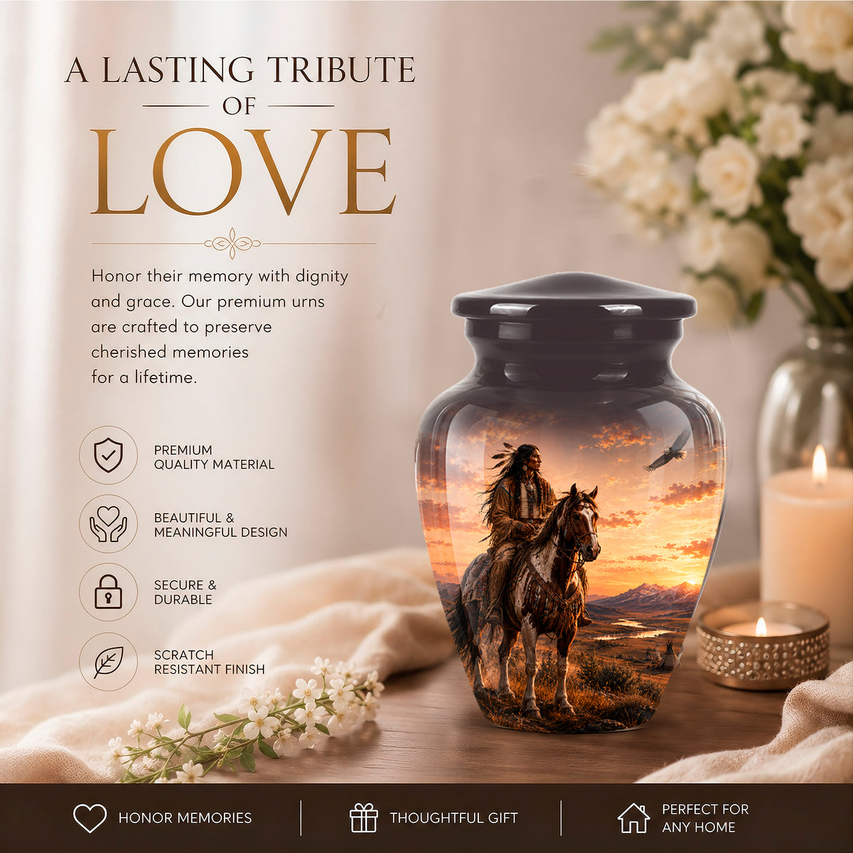 Personalized Native American Horse Rider Aluminum Cremation Ashes Urn