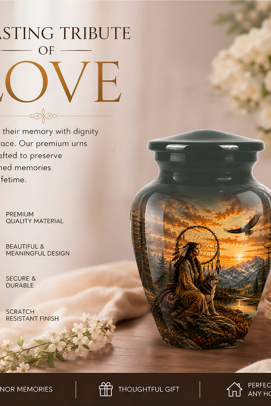 Native American Woman & Flying Eagle – Sunset Wolf Memorial Ashes Urn