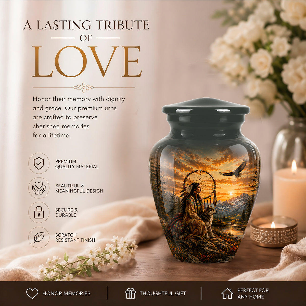 Native American Woman & Flying Eagle – Sunset Wolf Memorial Ashes Urn