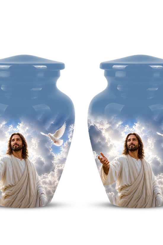 Personalized Jesus Cremation Urn - Blue Aluminum Urn For Spiritual Humans