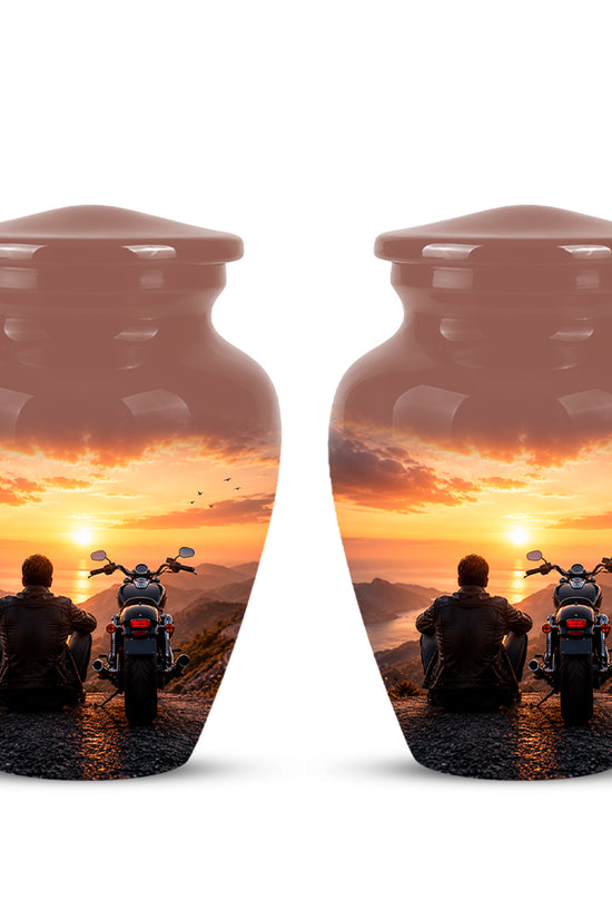 Peaceful Sunset Motorcycle Cremation Urn – Handcrafted Tribute to Biker Ashes