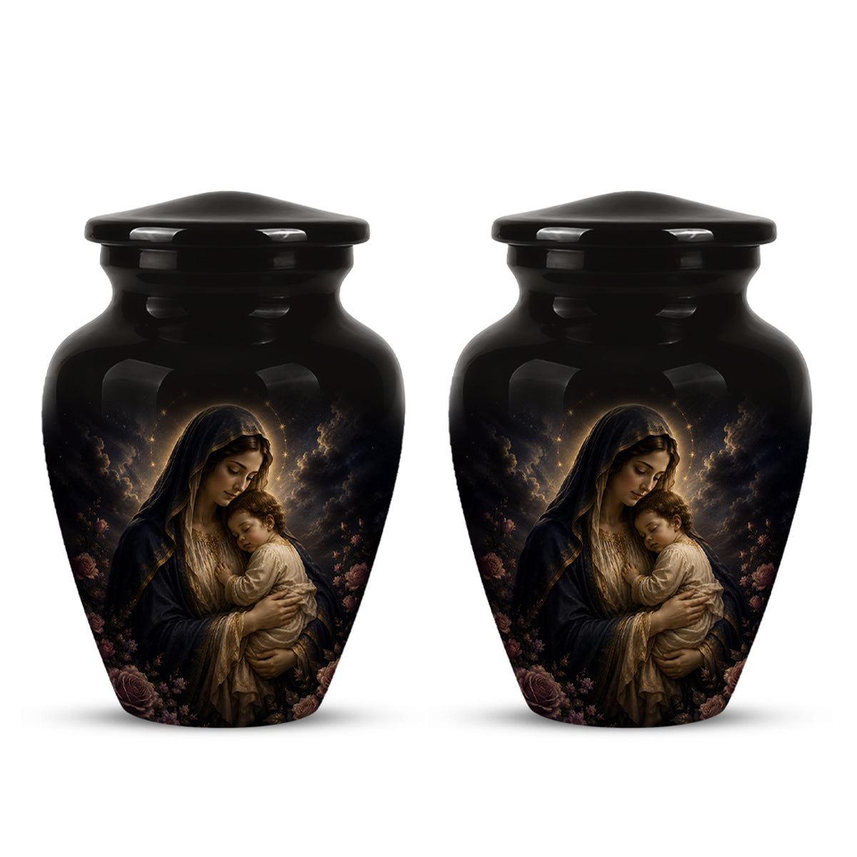 Virgin Mary With Baby Jesus Urn - Personalized Black Cremation Urn For Ashes