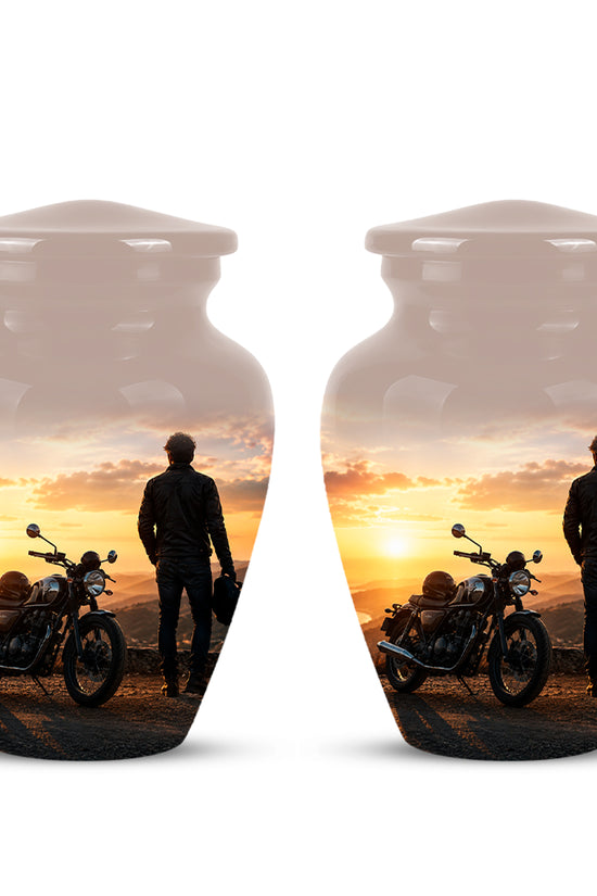 Custom Sunset Mountain Bike Rider Aluminum Urn – Hand Engraved