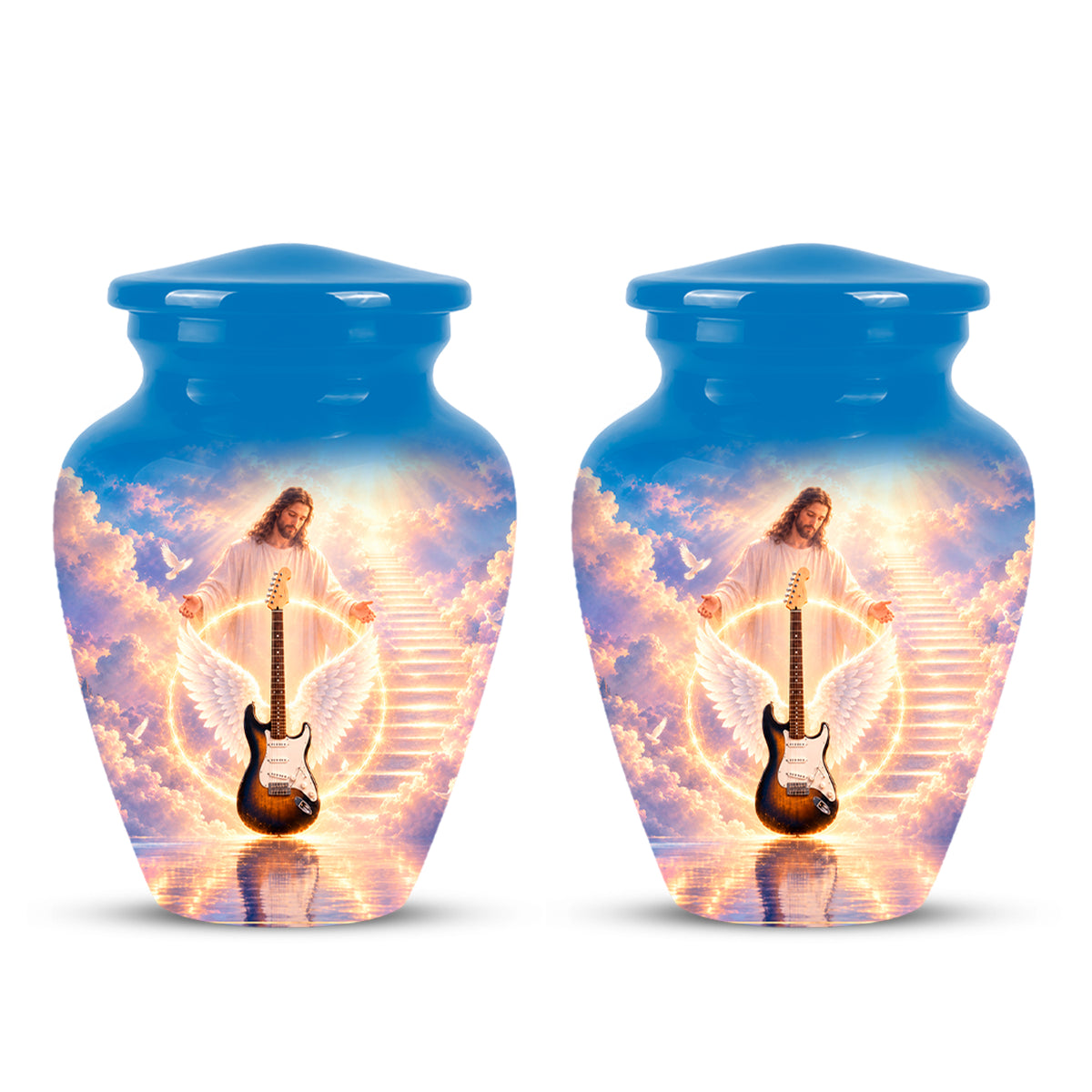 Custom Guitar Aluminum Memorial Urn - Angel Wing & Jesus Urns For Ashes
