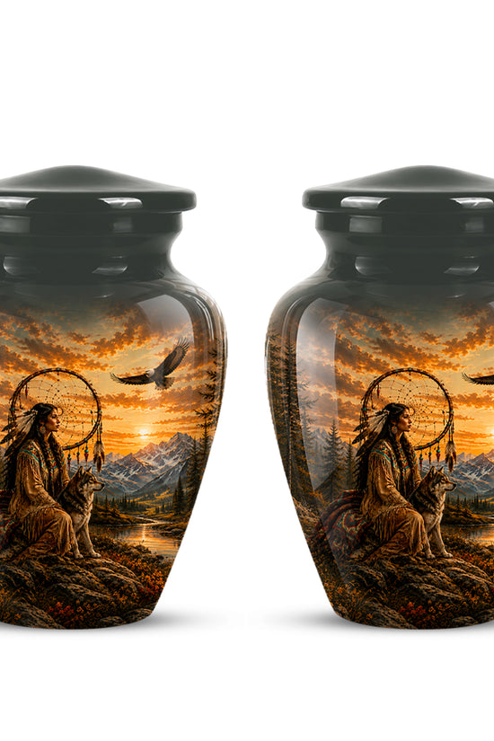 Native American Woman & Flying Eagle – Sunset Wolf Memorial Ashes Urn