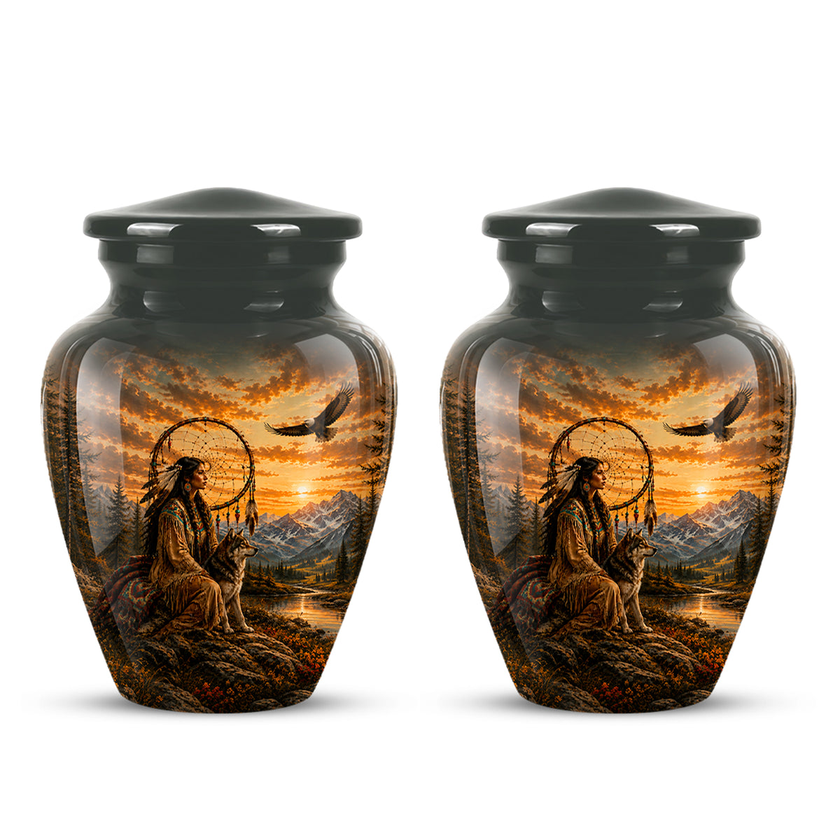 Native American Woman & Flying Eagle – Sunset Wolf Memorial Ashes Urn