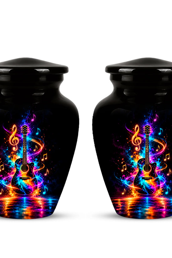 Black Artistic Cremation Urn with Colorful Musical Notes & Cosmic Design