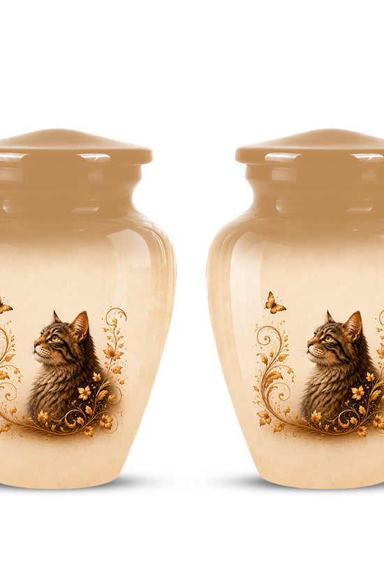 Custom Brown Memorial Cat Urn – Floral Aluminum Pet Ashes Cremation Urn