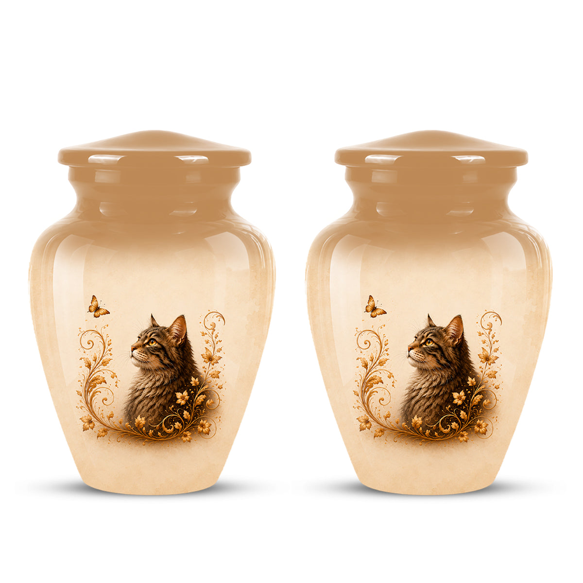 Custom Brown Memorial Cat Urn – Floral Aluminum Pet Ashes Cremation Urn