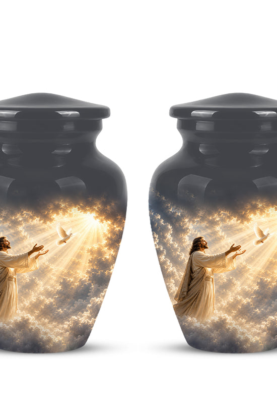 Jesus With Flying Dove Cremation Urn - Beautiful Sunrays Theme Urn For Ashes