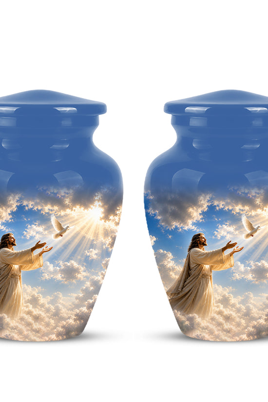 Personalized Jesus With White Dove Urn - Blue Aluminum Cremation Urns