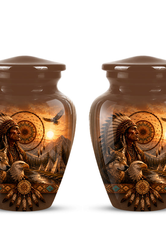 Native American Man, Eagle & Wolf Custom Memorial Urn For Human Ashes