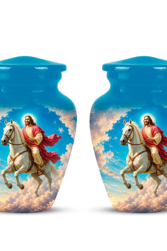 Custom Blue Aluminum Horse & Jesus Religious Urn for Human Ashes
