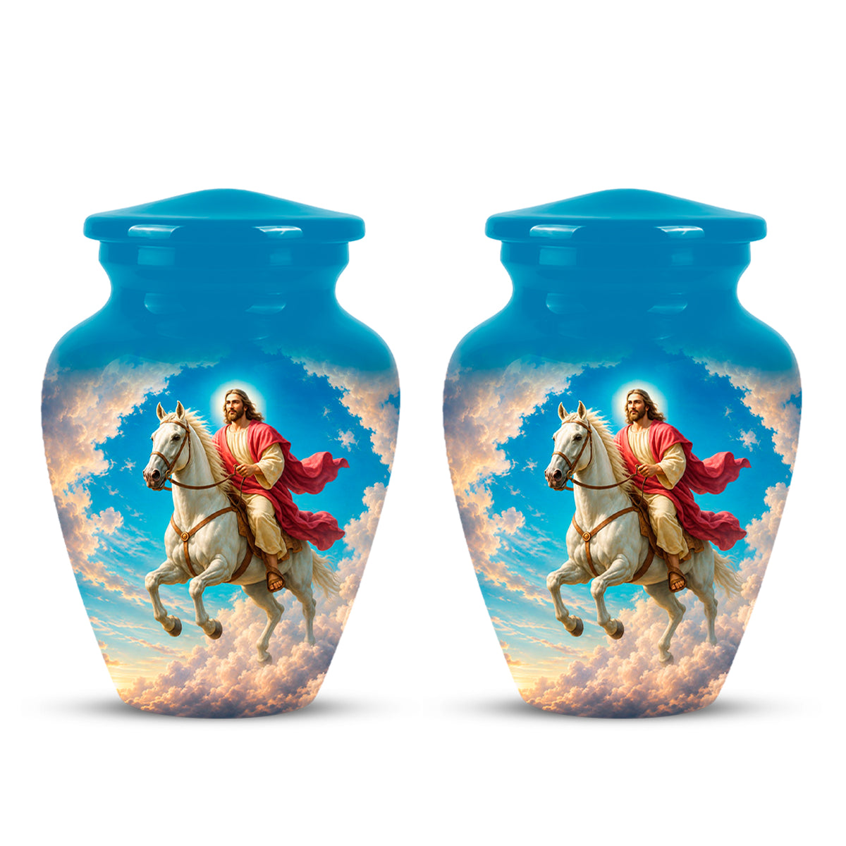 Custom Blue Aluminum Horse & Jesus Religious Urn for Human Ashes