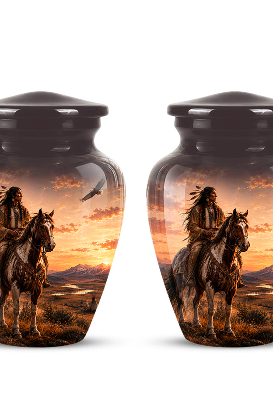 Personalized Native American Horse Rider Aluminum Cremation Ashes Urn