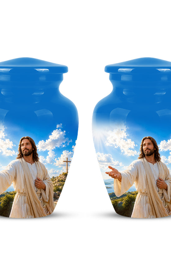 Blue Jesus Funeral Urn - Custom Aluminum Cremation Urn For Human Ashes