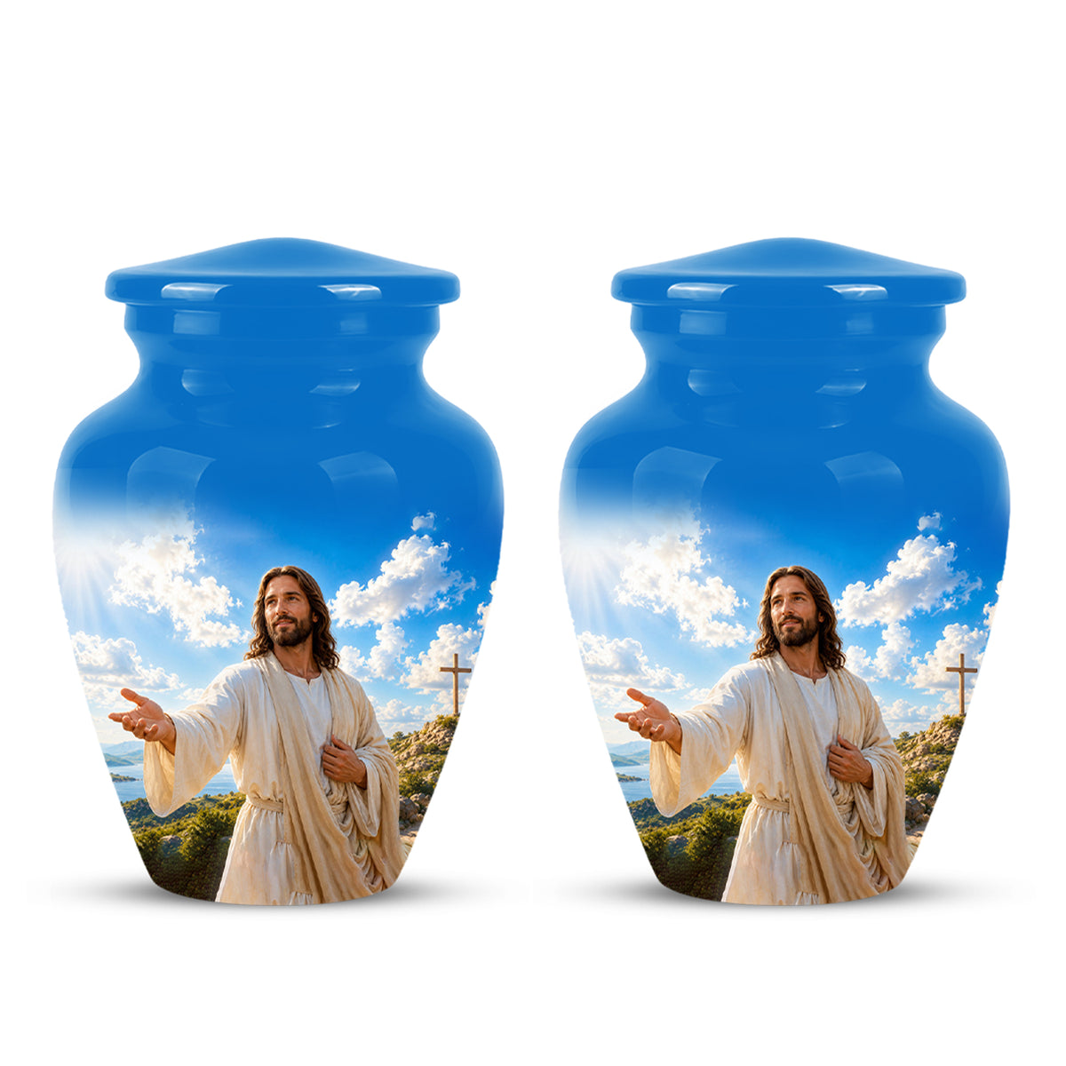 Blue Jesus Funeral Urn - Custom Aluminum Cremation Urn For Human Ashes