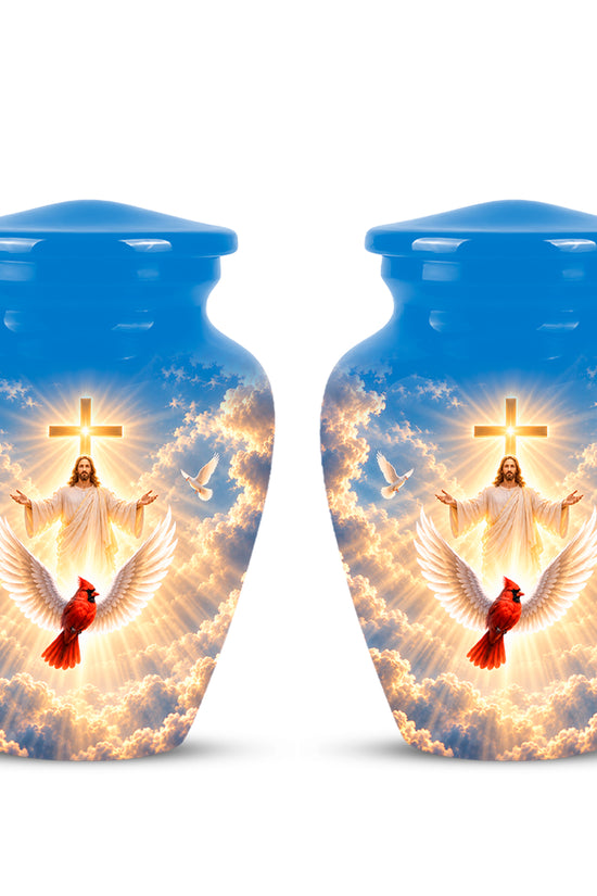 Christian Memorial Urn with Jesus & Cardinal - Heavenly Cremation Ashes Urn