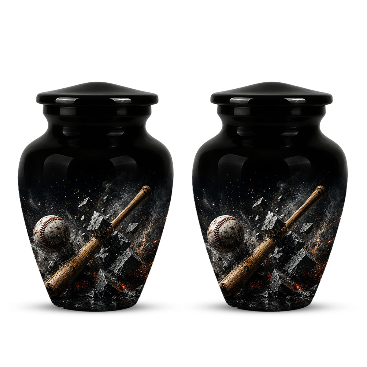 Baseball Bat Shattering Stone Urn - Custom Black Funeral Urns For Ashes