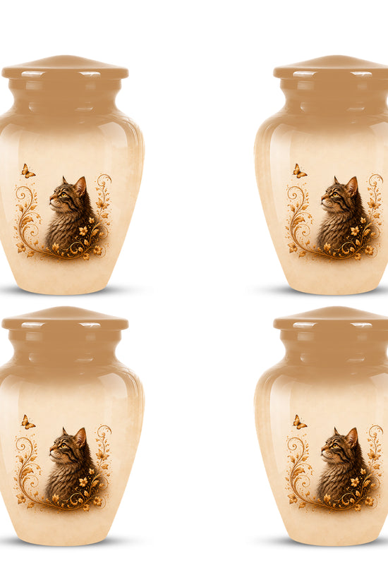 Custom Brown Memorial Cat Urn – Floral Aluminum Pet Ashes Cremation Urn