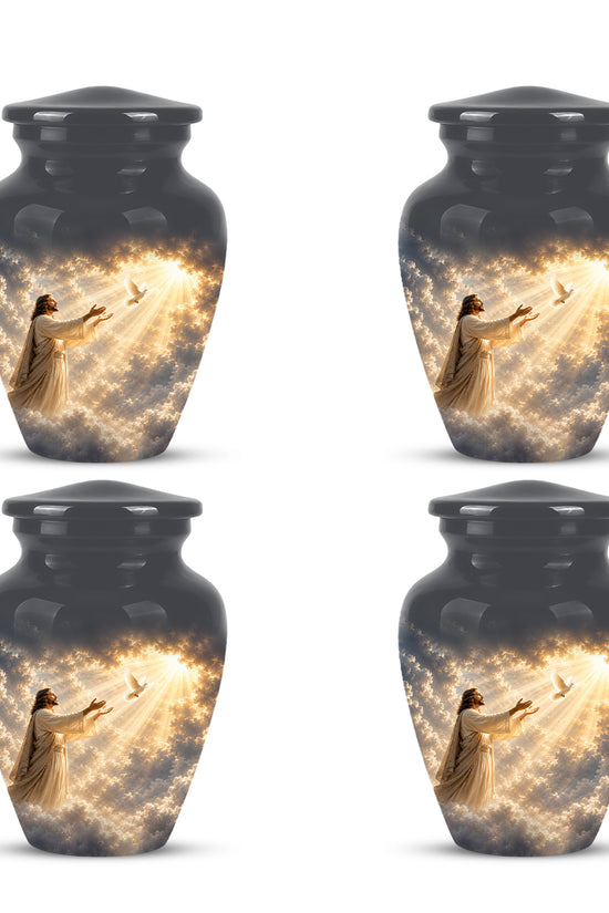 Jesus With Flying Dove Cremation Urn - Beautiful Sunrays Theme Urn For Ashes