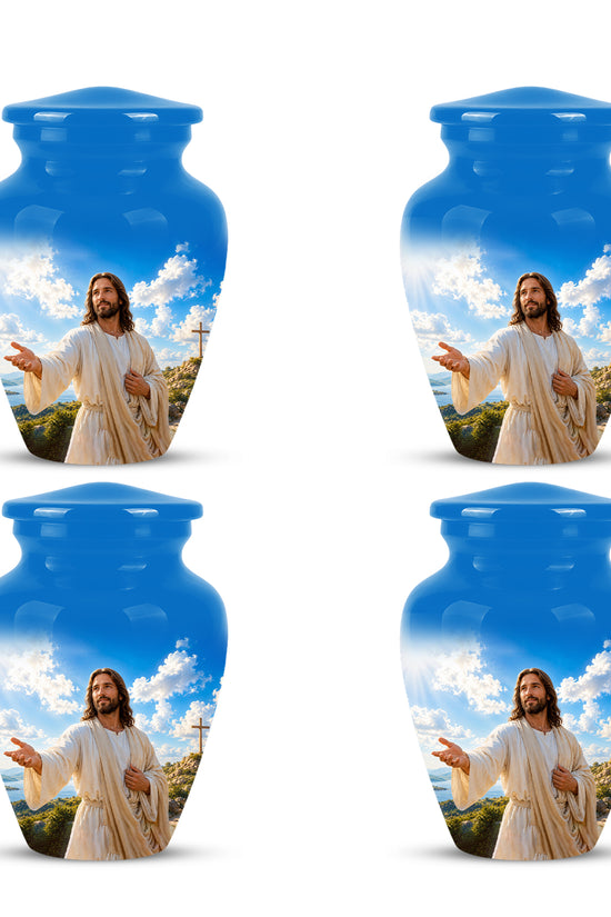 Blue Jesus Funeral Urn - Custom Aluminum Cremation Urn For Human Ashes