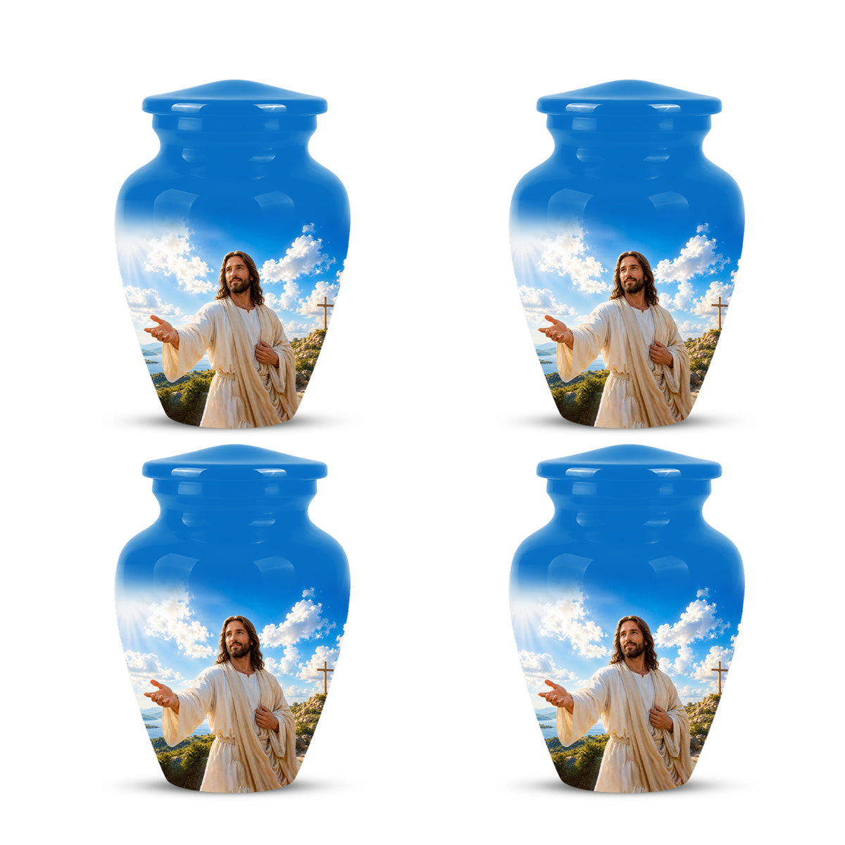 Blue Jesus Funeral Urn - Custom Aluminum Cremation Urn For Human Ashes
