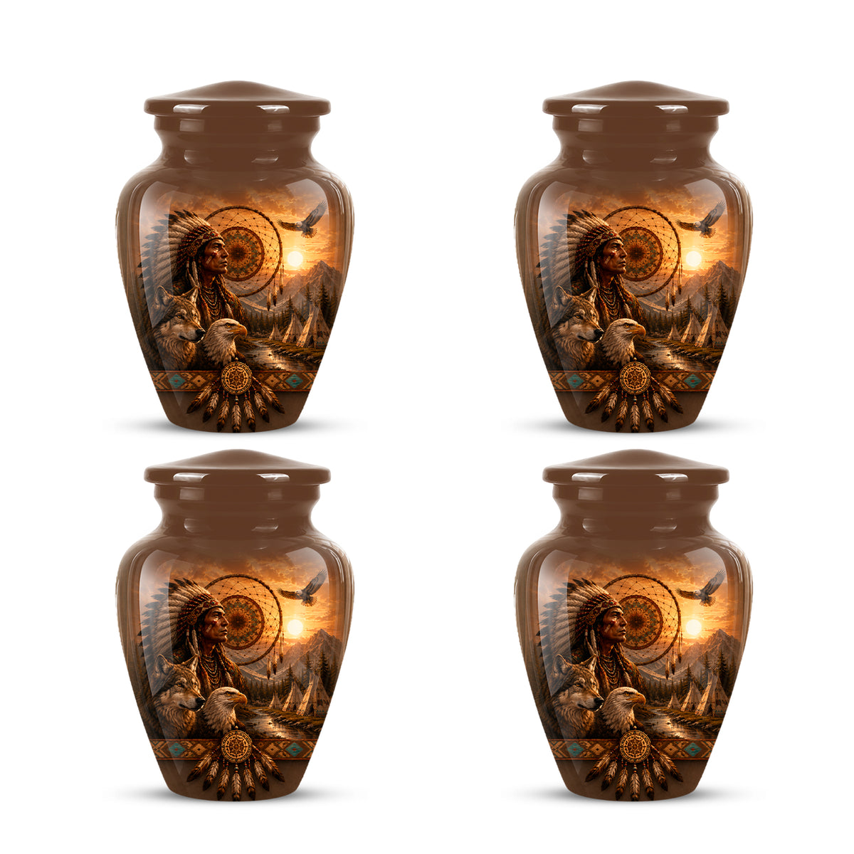 Native American Man, Eagle & Wolf Custom Memorial Urn For Human Ashes