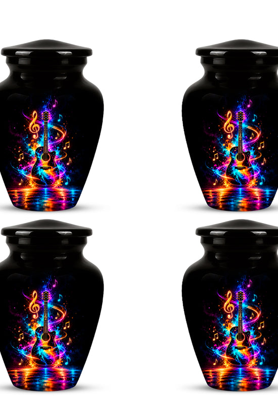Black Artistic Cremation Urn with Colorful Musical Notes & Cosmic Design