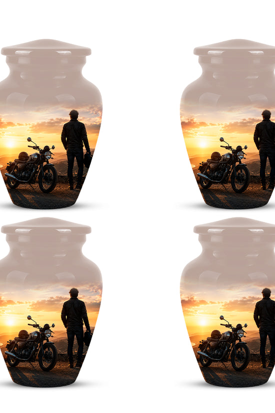 Custom Sunset Mountain Bike Rider Aluminum Urn – Hand Engraved