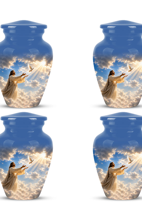 Personalized Jesus With White Dove Urn - Blue Aluminum Cremation Urns