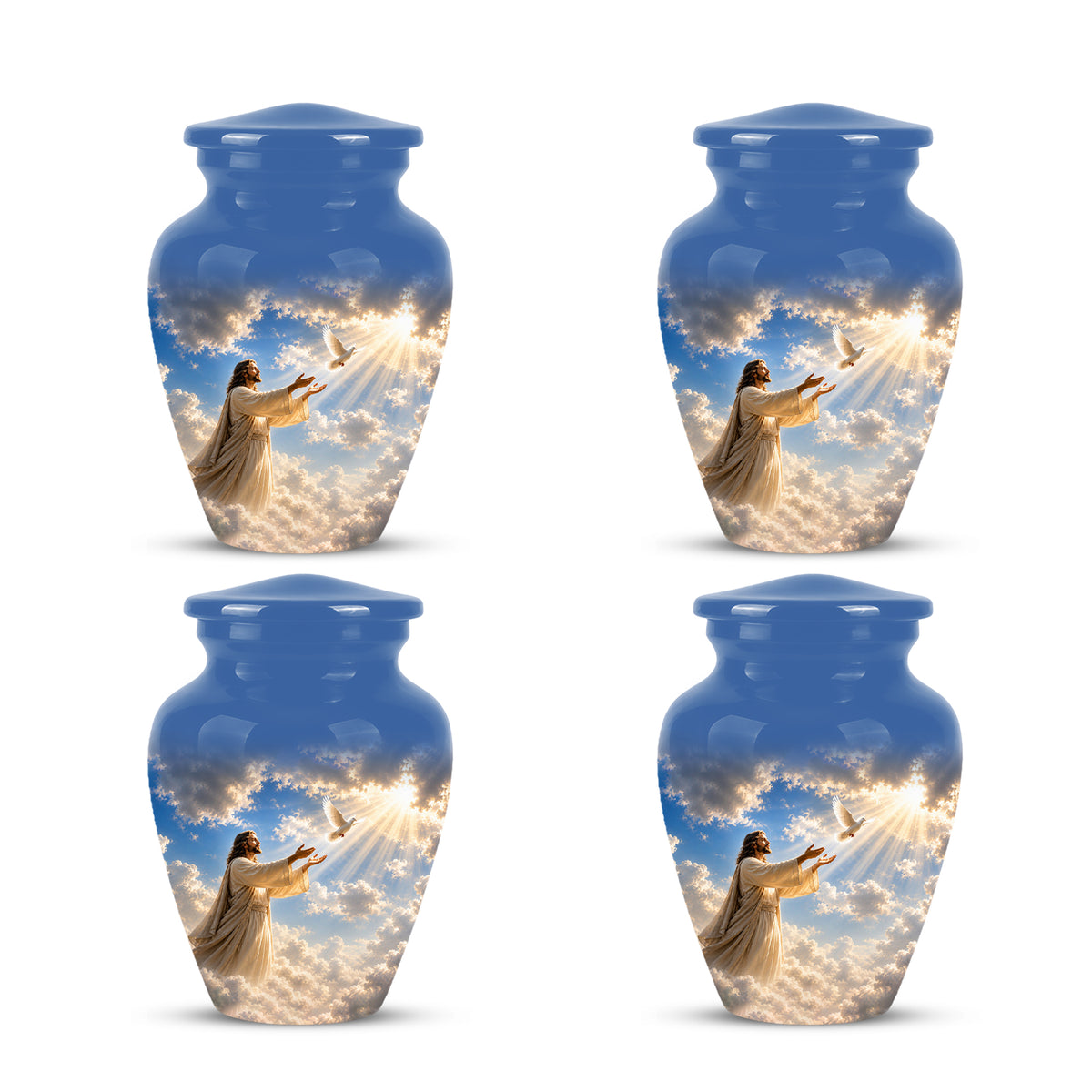 Personalized Jesus With White Dove Urn - Blue Aluminum Cremation Urns