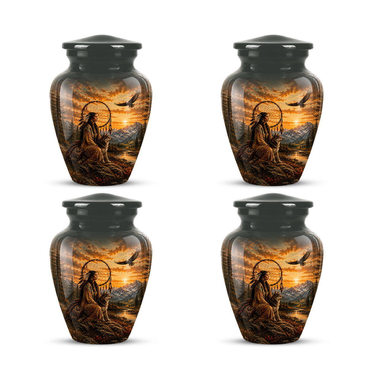 Native American Woman & Flying Eagle – Sunset Wolf Memorial Ashes Urn