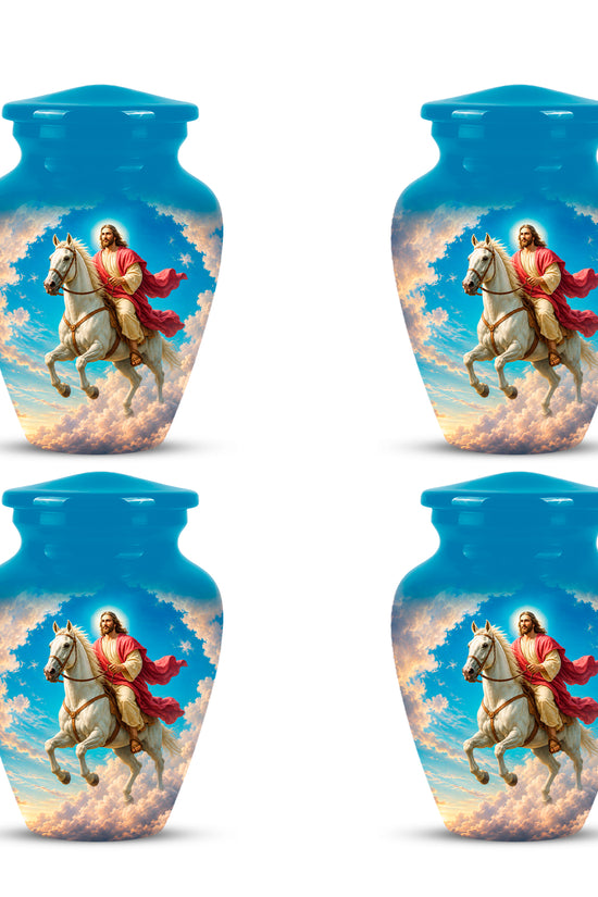 Custom Blue Aluminum Horse & Jesus Religious Urn for Human Ashes